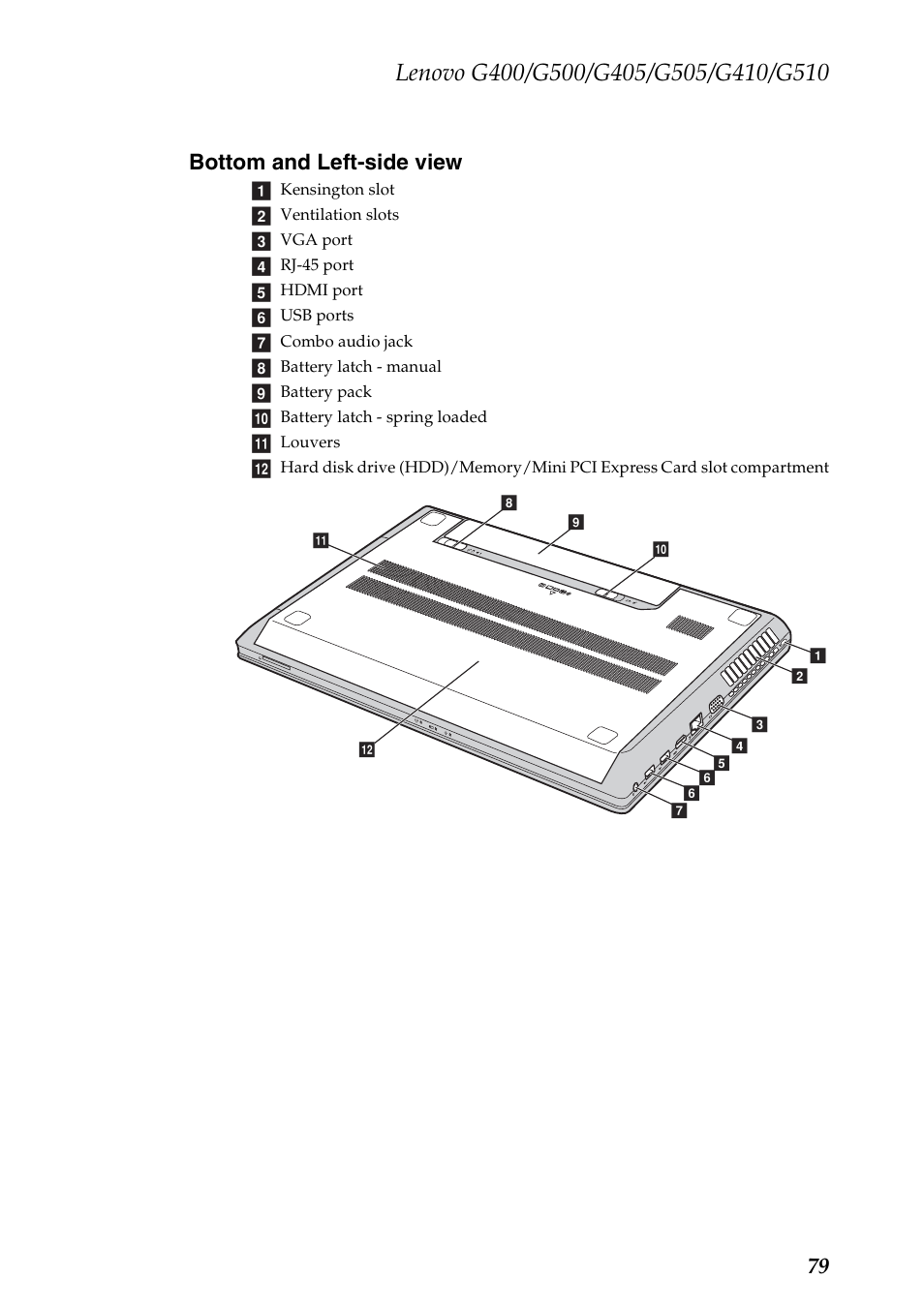 Bottom and left-side view, 79 bottom and left-side view | Lenovo G505 Notebook User Manual | Page 83 / 108