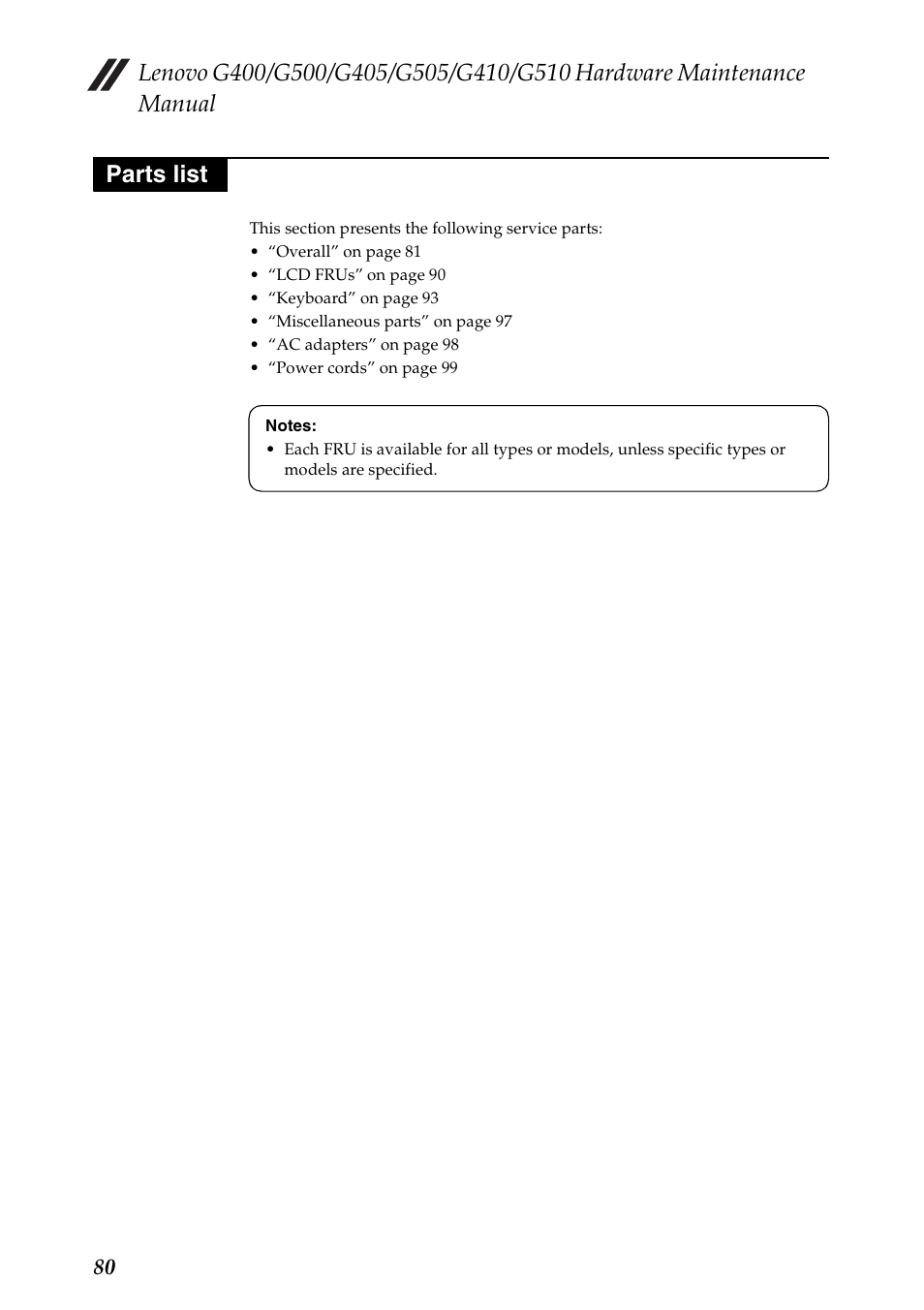 Parts list | Lenovo G505 Notebook User Manual | Page 84 / 108