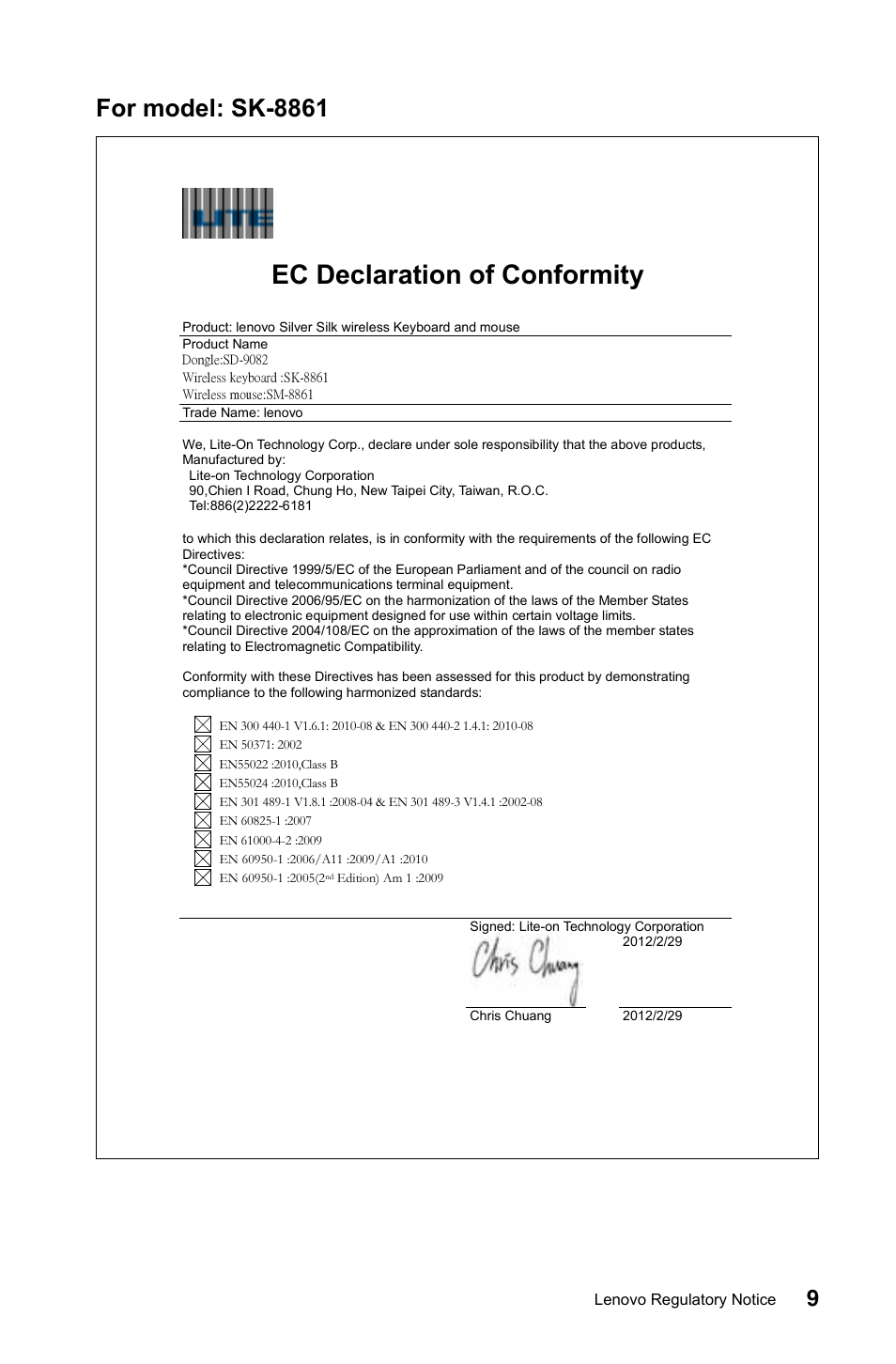 Ec declaration of conformity, For model: sk-8861 | Lenovo IdeaCentre B540 User Manual | Page 10 / 24