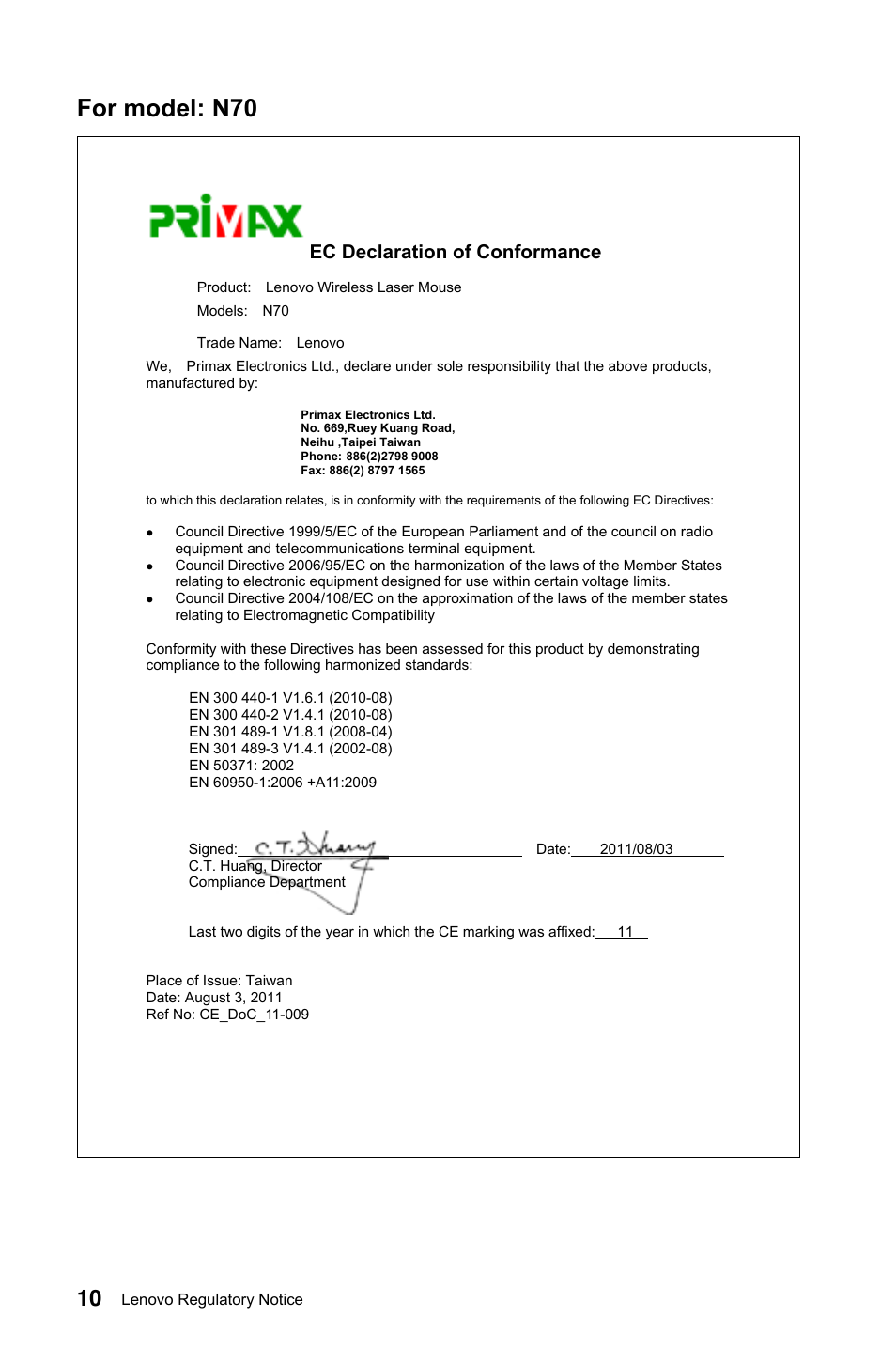 For model: n70, Ec declaration of conformance | Lenovo IdeaCentre B540 User Manual | Page 11 / 24