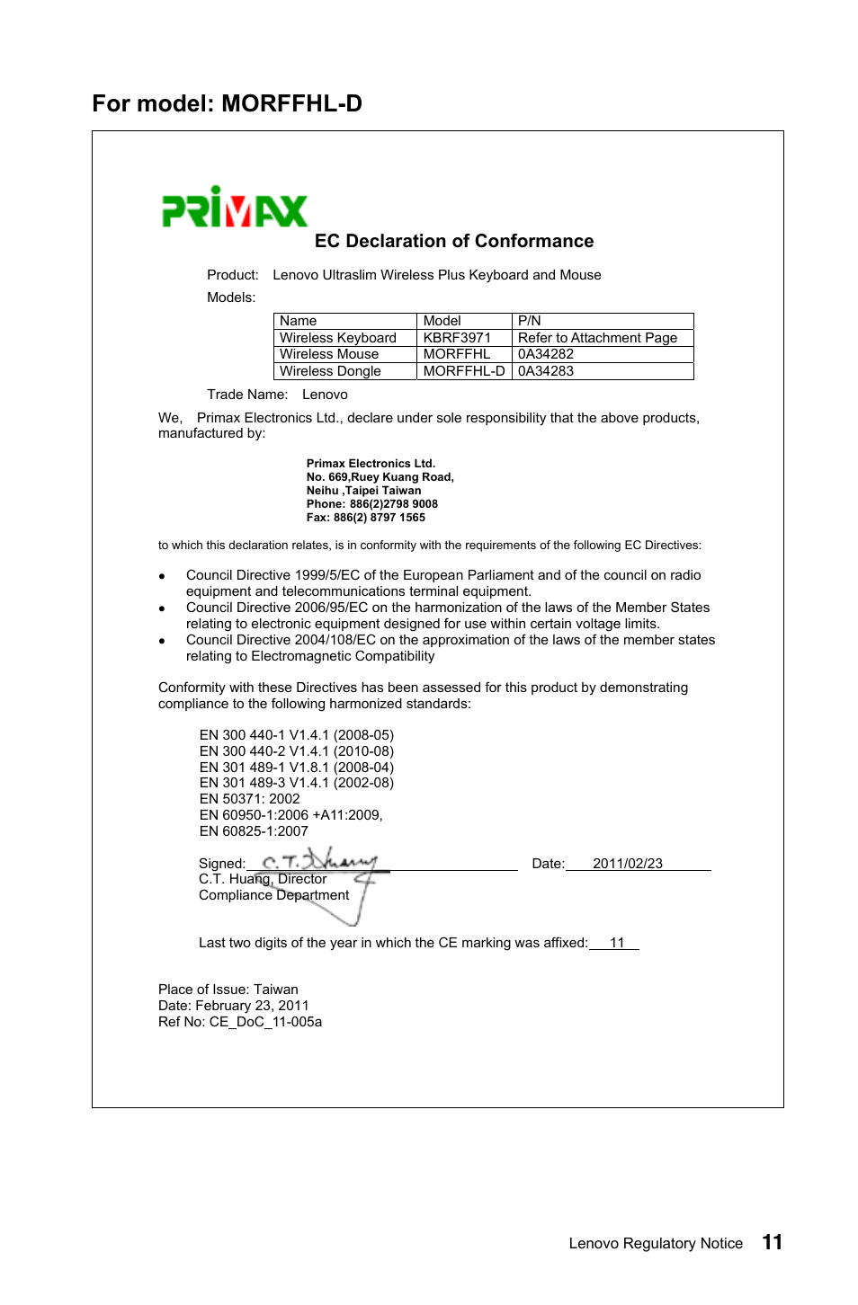 For model: morffhl-d, Ec declaration of conformance | Lenovo IdeaCentre B540 User Manual | Page 12 / 24