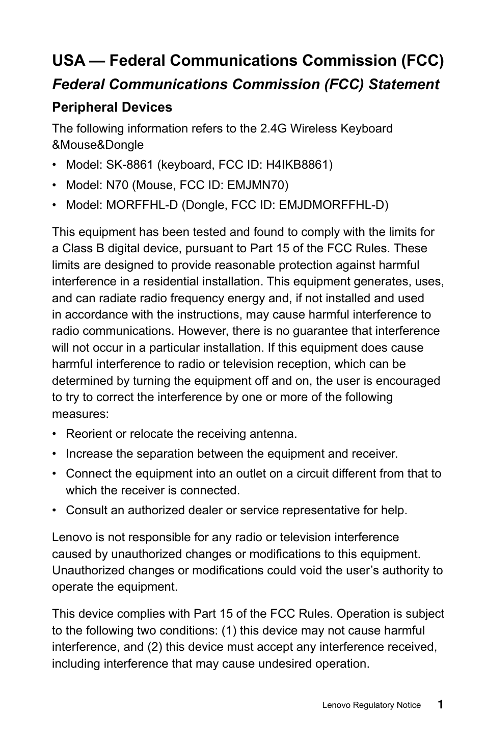 Usa — federal communications commission (fcc), Federal communications commission (fcc) statement | Lenovo IdeaCentre B540 User Manual | Page 2 / 24