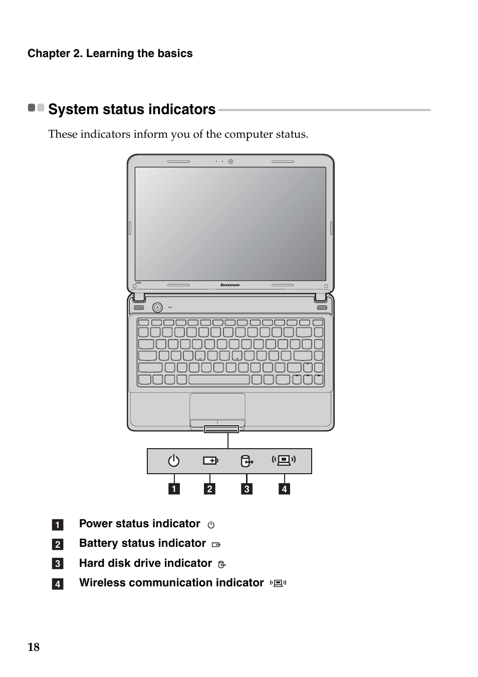 System status indicators | Lenovo G360 Notebook User Manual | Page 22 / 52