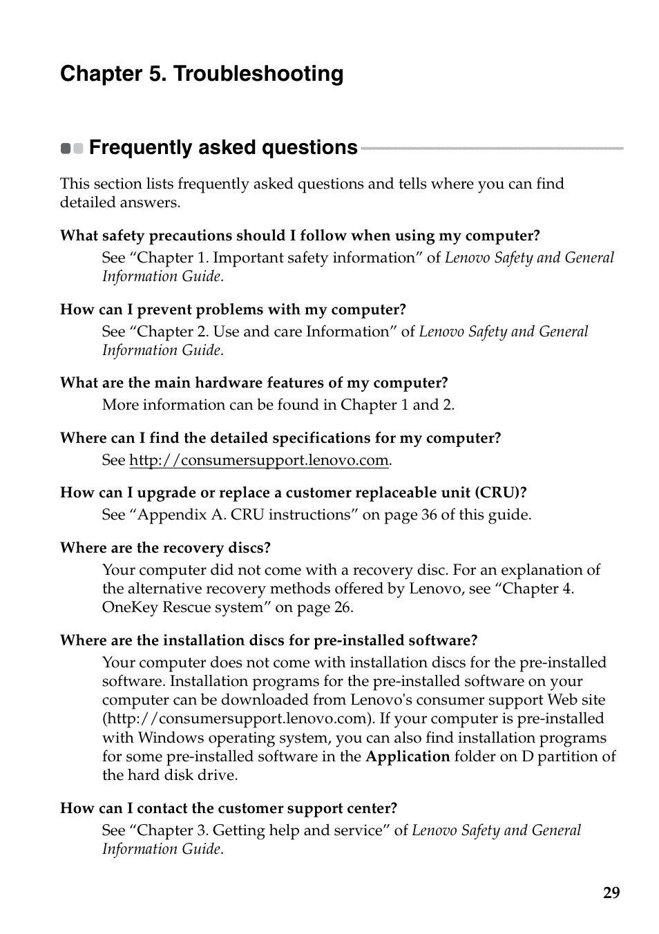 Chapter 5. troubleshooting, Frequently asked questions | Lenovo G360 Notebook User Manual | Page 33 / 52