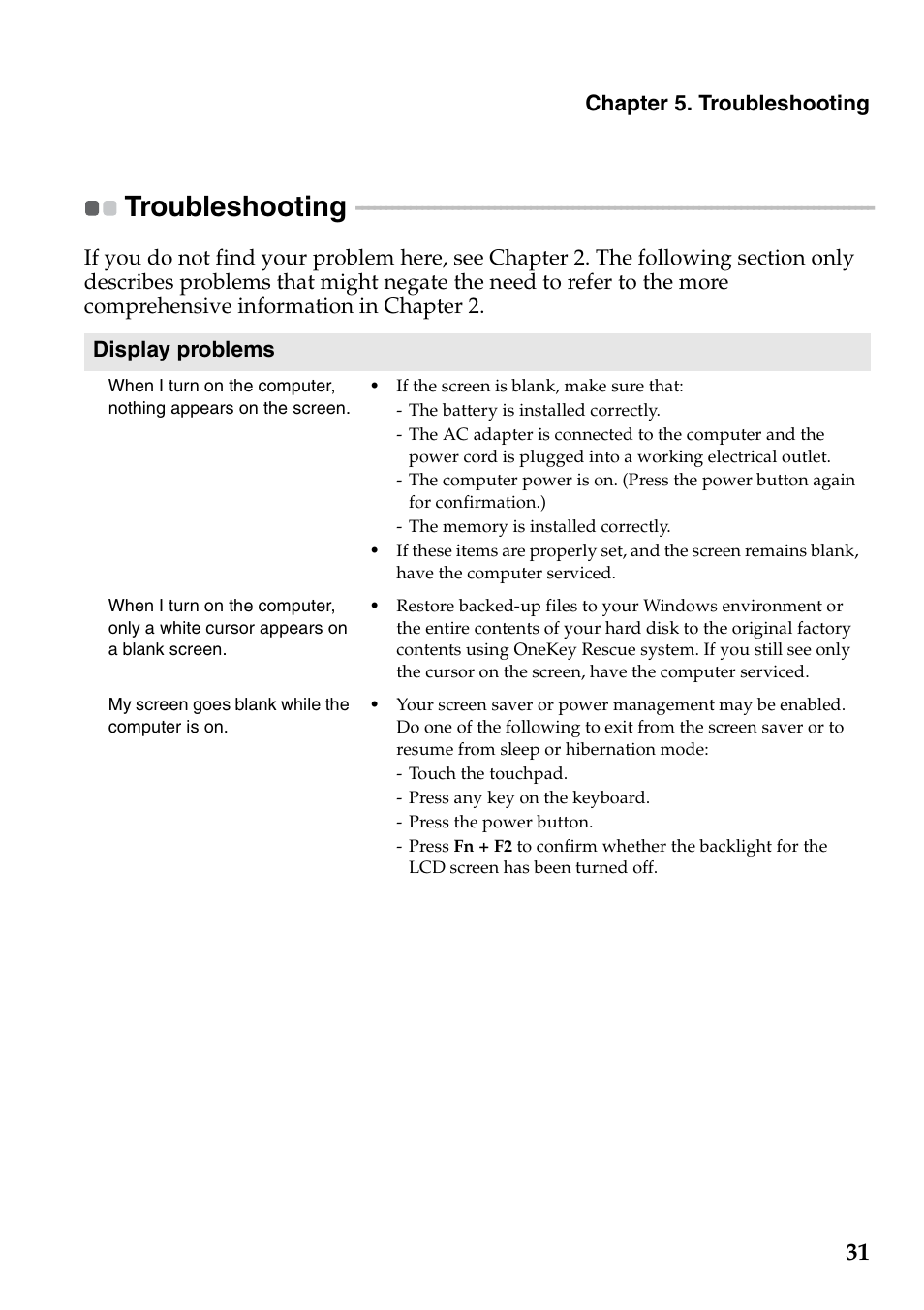 Troubleshooting | Lenovo G360 Notebook User Manual | Page 35 / 52