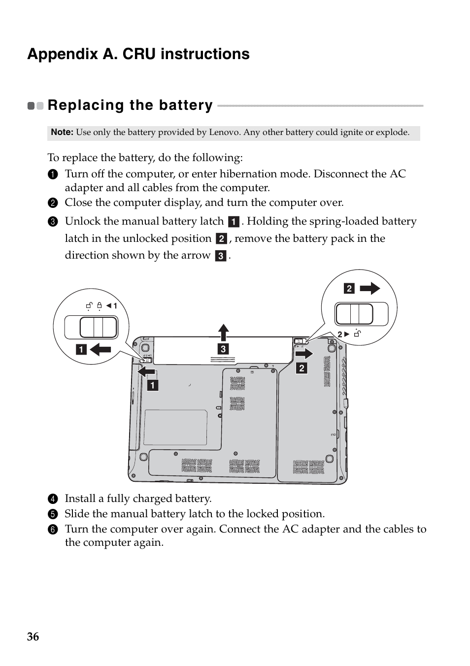 Appendix a. cru instructions, Replacing the battery | Lenovo G360 Notebook User Manual | Page 40 / 52