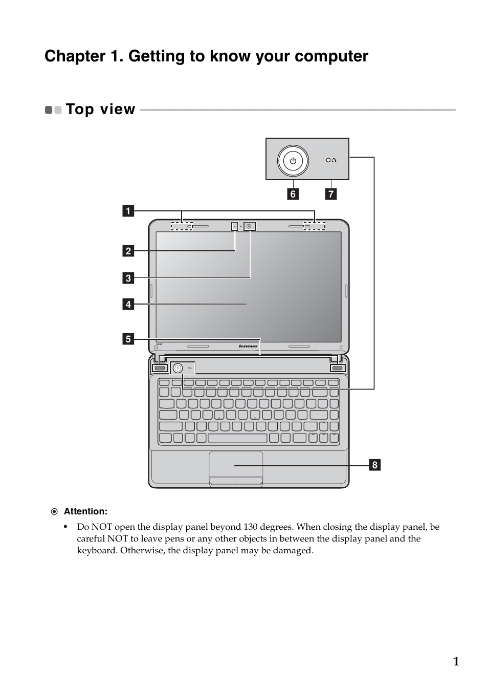 Chapter 1. getting to know your computer, Top view | Lenovo G360 Notebook User Manual | Page 5 / 52