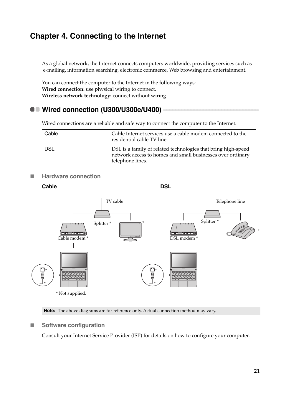 Chapter 4. connecting to the internet, Wired connection (u300/u300e/u400) | Lenovo IdeaPad U400 User Manual | Page 25 / 31