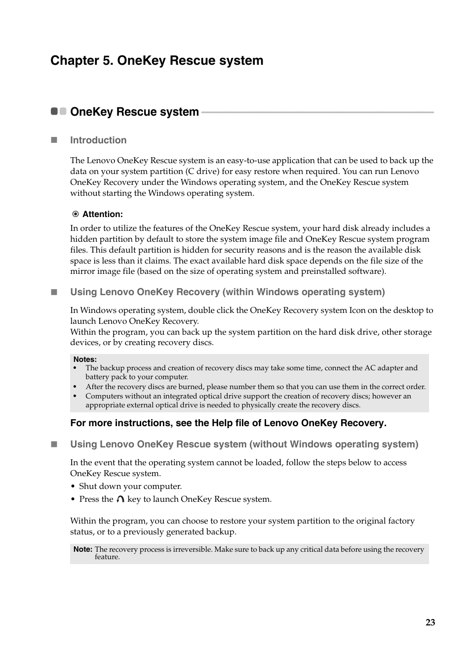 Chapter 5. onekey rescue system, Onekey rescue system | Lenovo IdeaPad U400 User Manual | Page 27 / 31