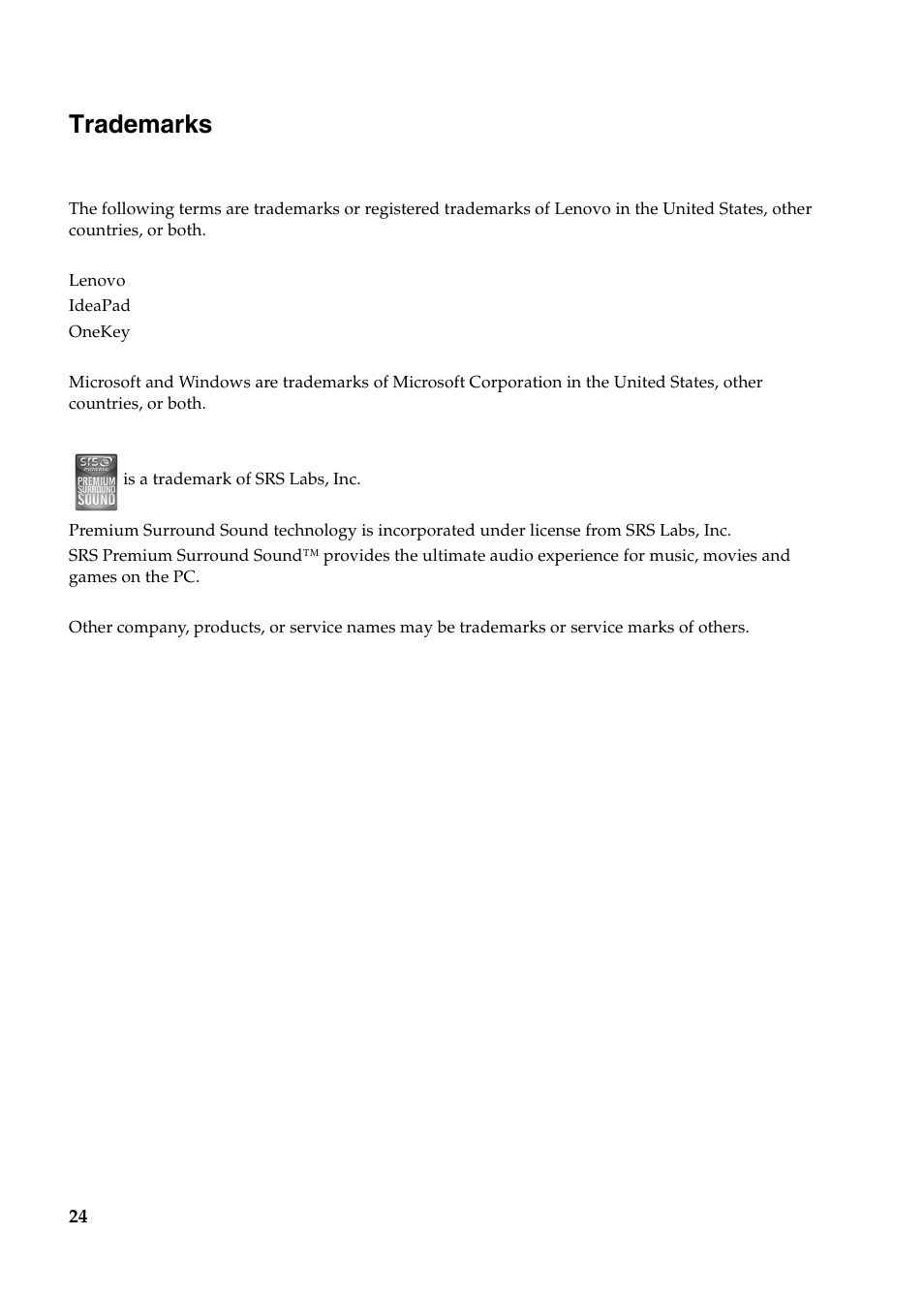 Trademarks | Lenovo IdeaPad U400 User Manual | Page 28 / 31