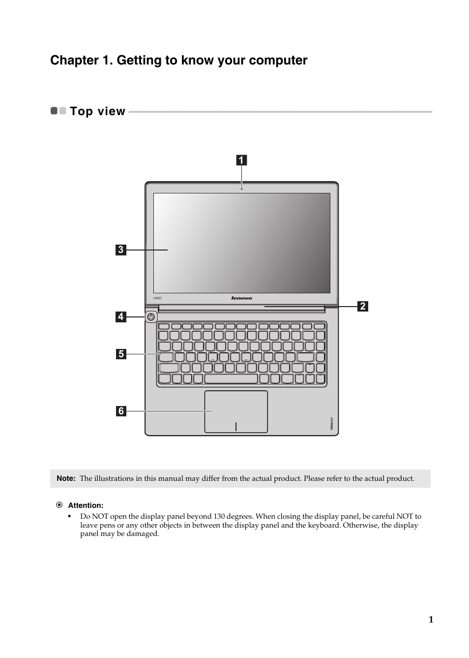 Chapter 1. getting to know your computer, Top view | Lenovo IdeaPad U400 User Manual | Page 5 / 31