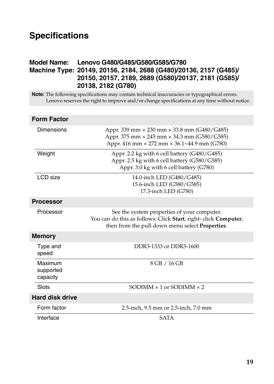 Specifications | Lenovo G485 Notebook User Manual | Page 19 / 21