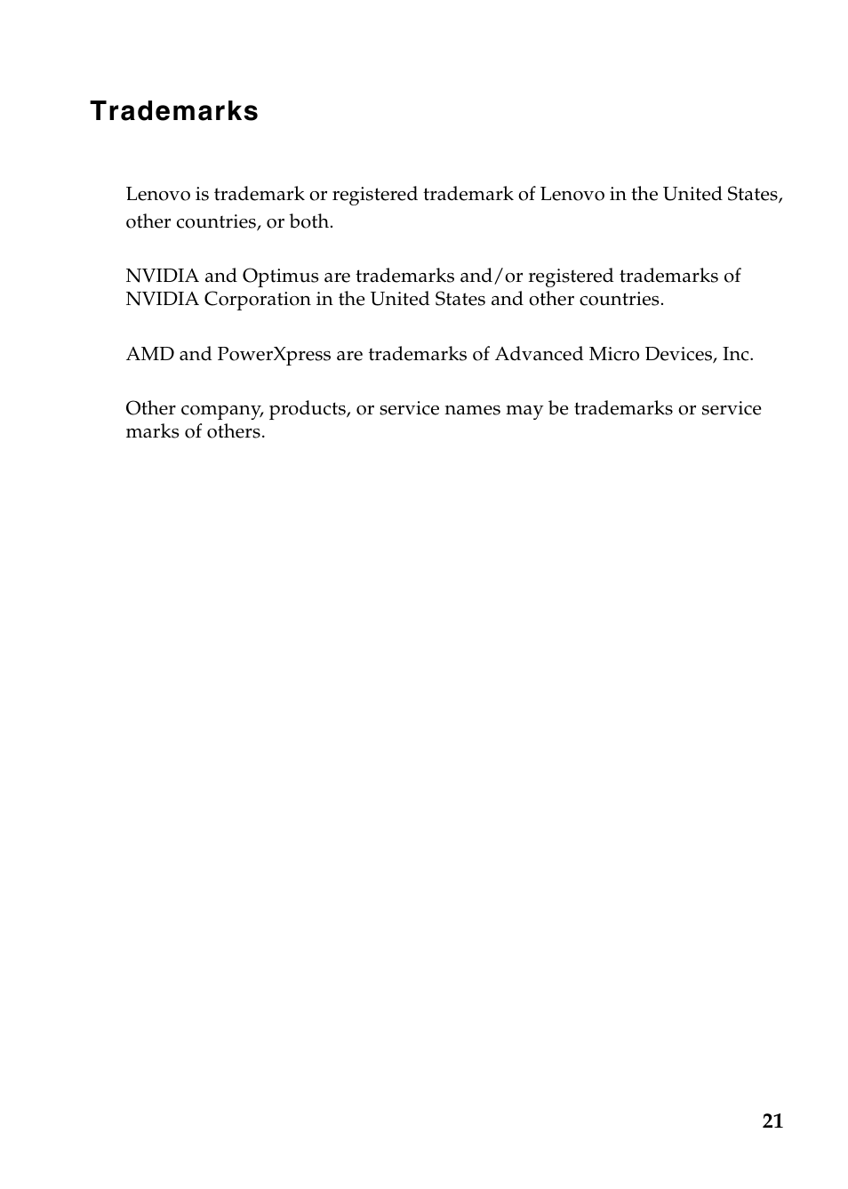Trademarks | Lenovo G485 Notebook User Manual | Page 21 / 21