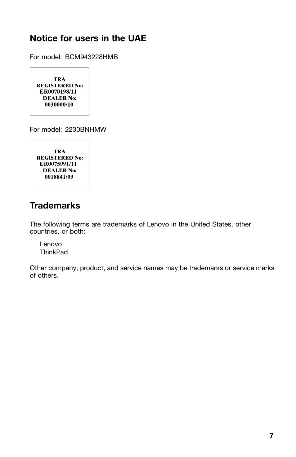 Notice for users in the uae, Trademarks | Lenovo ThinkPad Twist S230u User Manual | Page 7 / 8