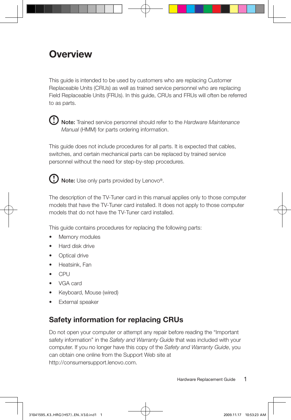 Overview, Safety information for replacing crus | Lenovo IdeaCentre K320 User Manual | Page 4 / 37