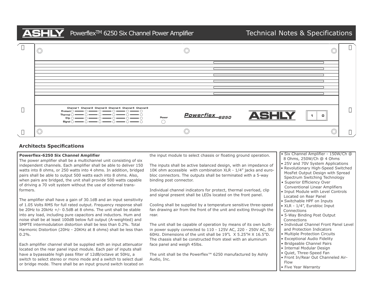 Ashly PowerFlex 6250 User Manual | 2 pages