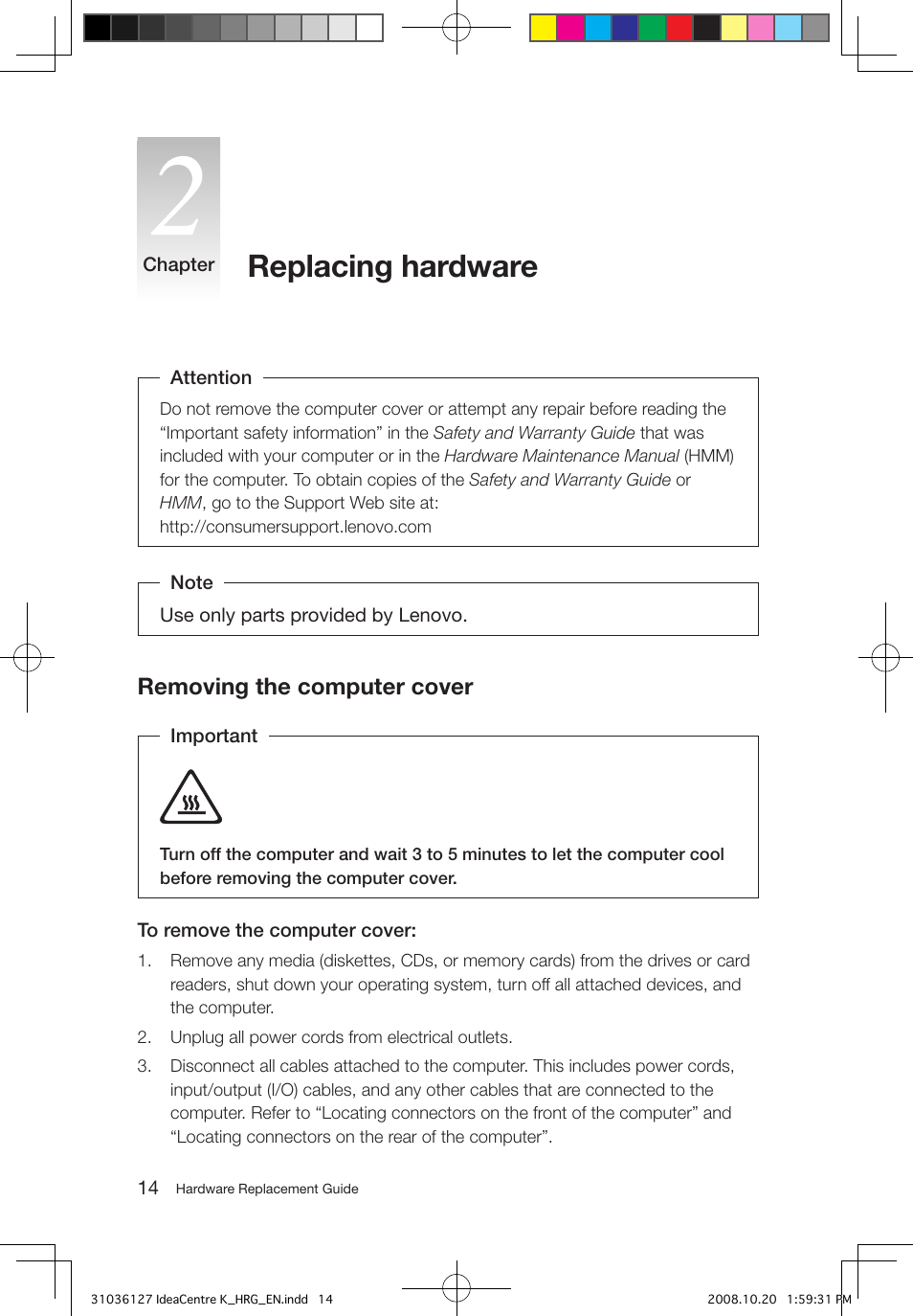 Replacing hardware, Removing the computer cover | Lenovo IdeaCentre K220 User Manual | Page 17 / 37