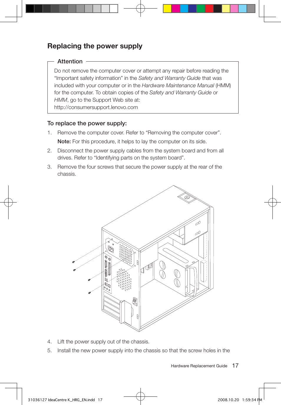 Replacing the power supply | Lenovo IdeaCentre K220 User Manual | Page 20 / 37