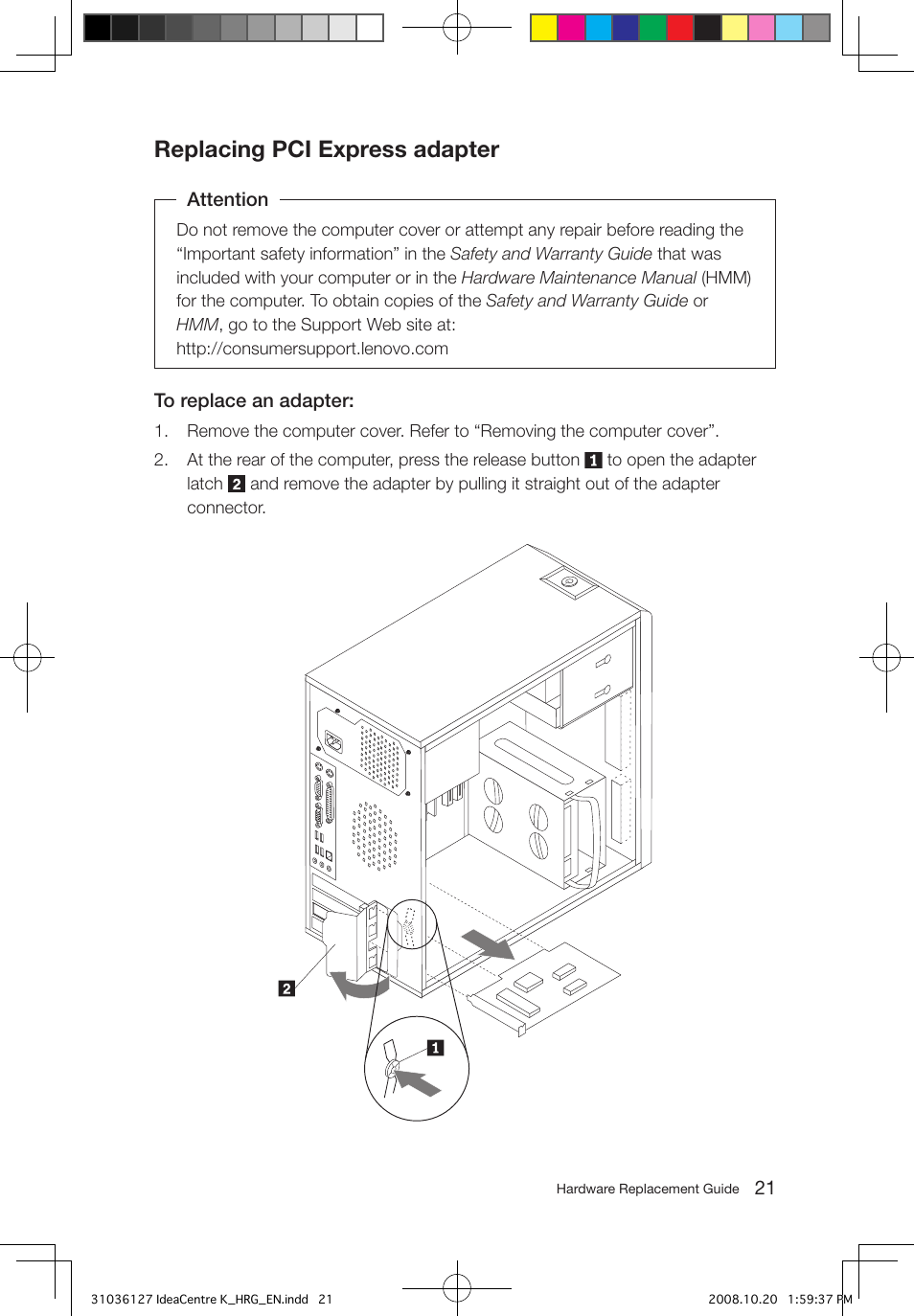 Replacing pci express adapter | Lenovo IdeaCentre K220 User Manual | Page 24 / 37