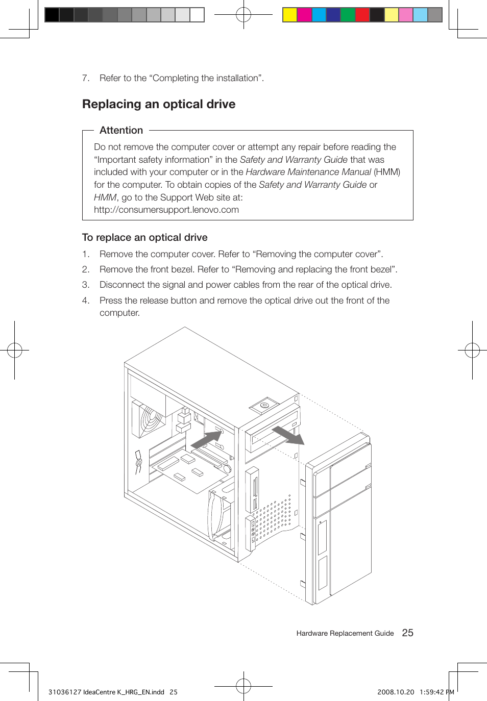 Replacing an optical drive | Lenovo IdeaCentre K220 User Manual | Page 28 / 37
