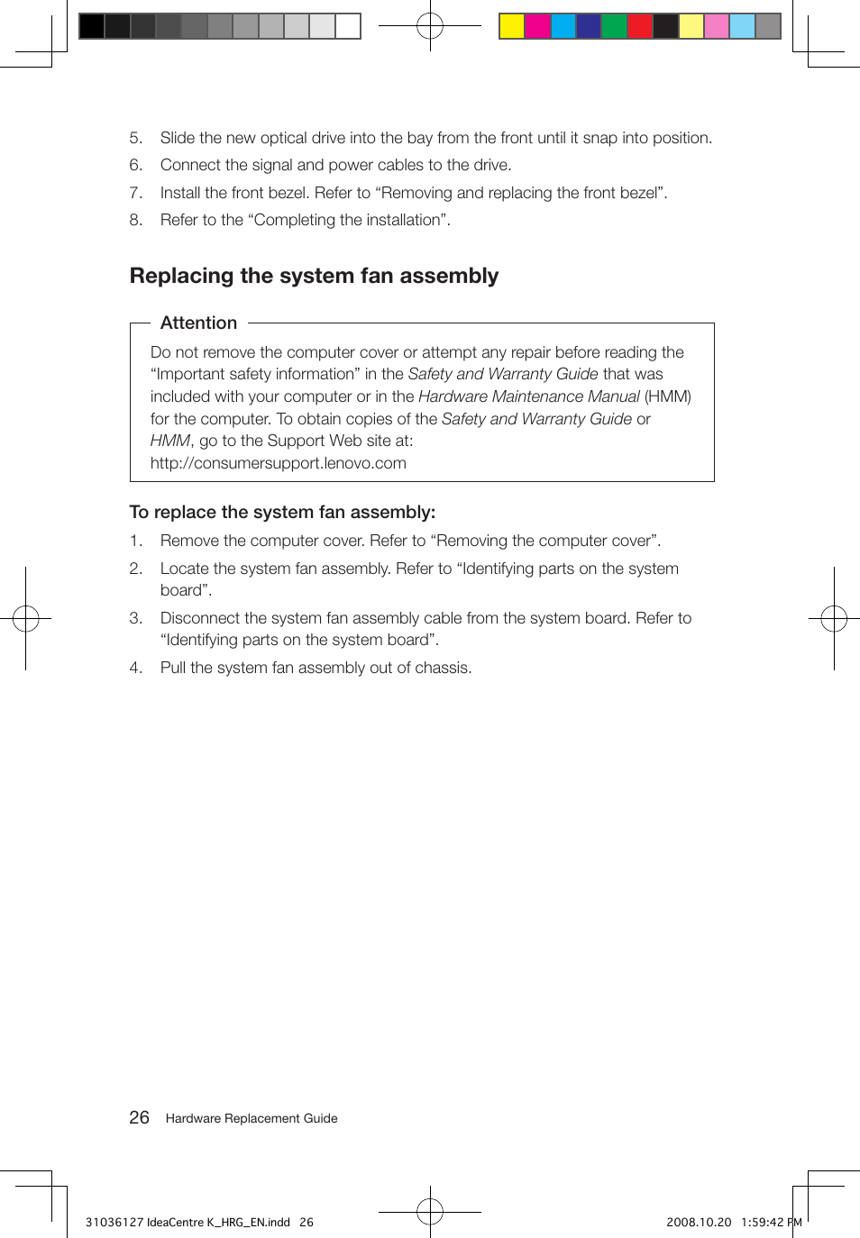 Replacing the system fan assembly | Lenovo IdeaCentre K220 User Manual | Page 29 / 37