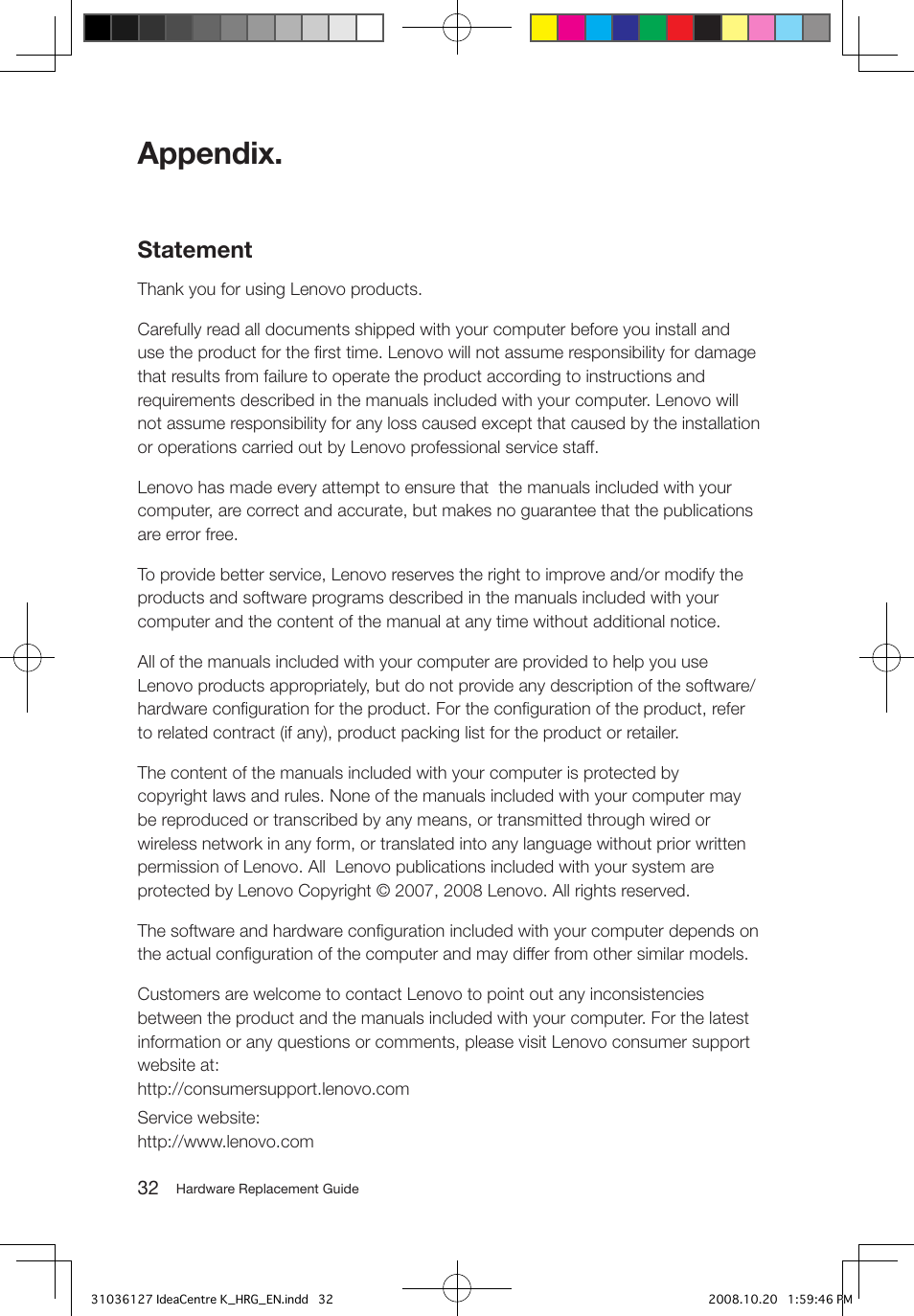 Appendix, Statement | Lenovo IdeaCentre K220 User Manual | Page 35 / 37