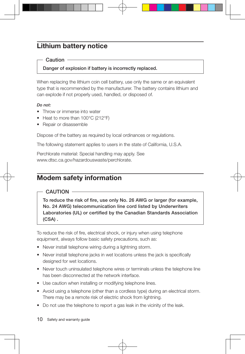 Lithium battery notice, Modem safety information | Lenovo 3000 Q100 Desktop User Manual | Page 15 / 47