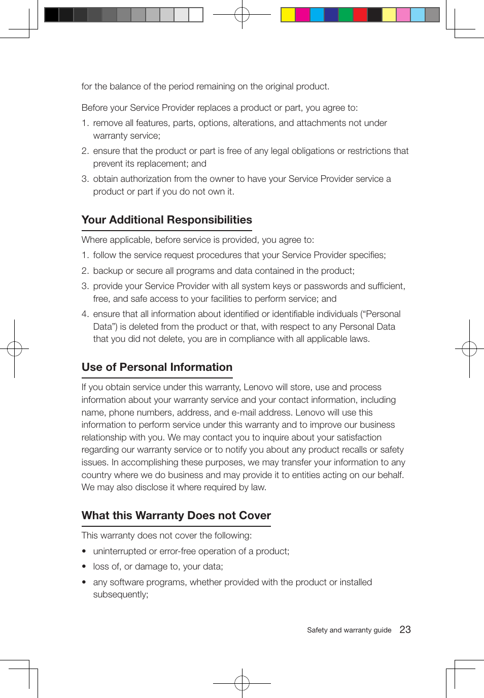 Your additional responsibilities, Use of personal information, What this warranty does not cover | Lenovo 3000 Q100 Desktop User Manual | Page 28 / 47