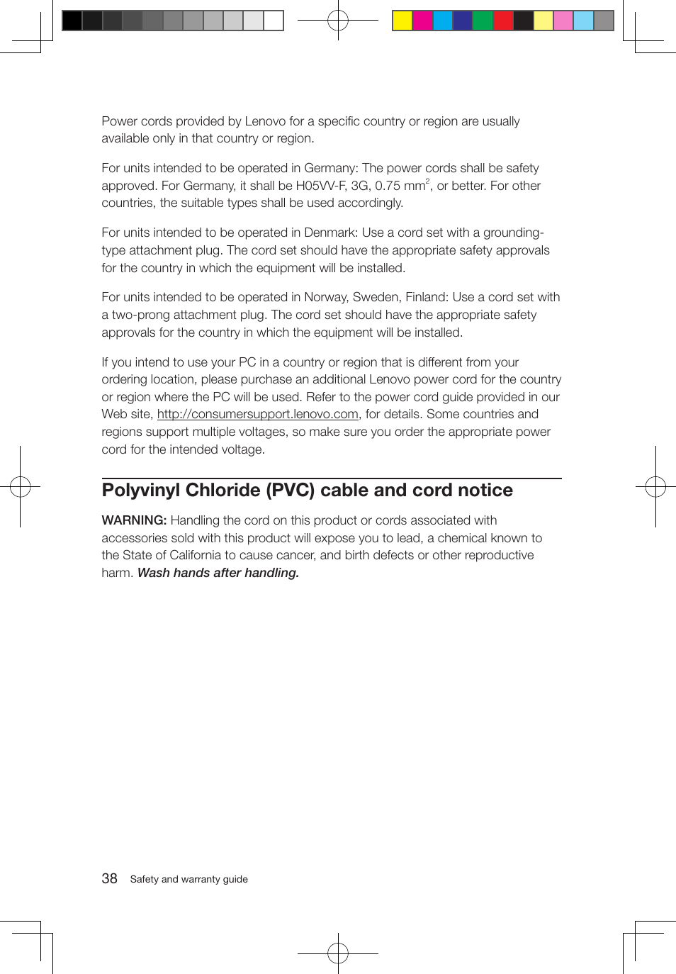 Polyvinyl chloride (pvc) cable and cord notice | Lenovo 3000 Q100 Desktop User Manual | Page 43 / 47