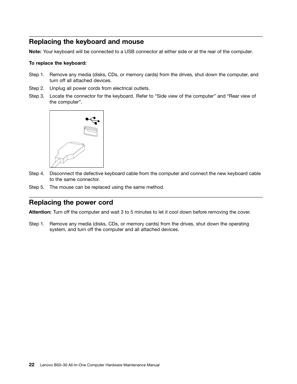 Replacing the keyboard and mouse, Replacing the power cord | Lenovo B50-30 All-in-One User Manual | Page 28 / 63