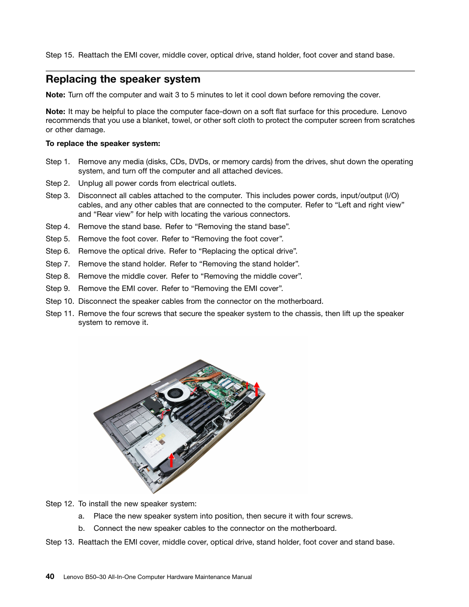 Replacing the speaker system | Lenovo B50-30 All-in-One User Manual | Page 46 / 63
