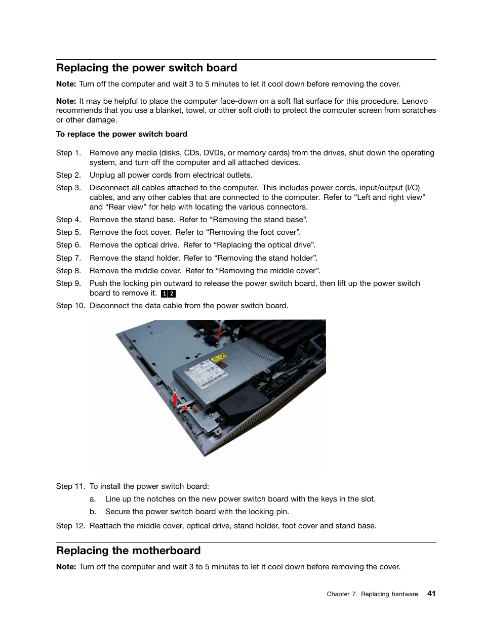 Replacing the power switch board, Replacing the motherboard | Lenovo B50-30 All-in-One User Manual | Page 47 / 63