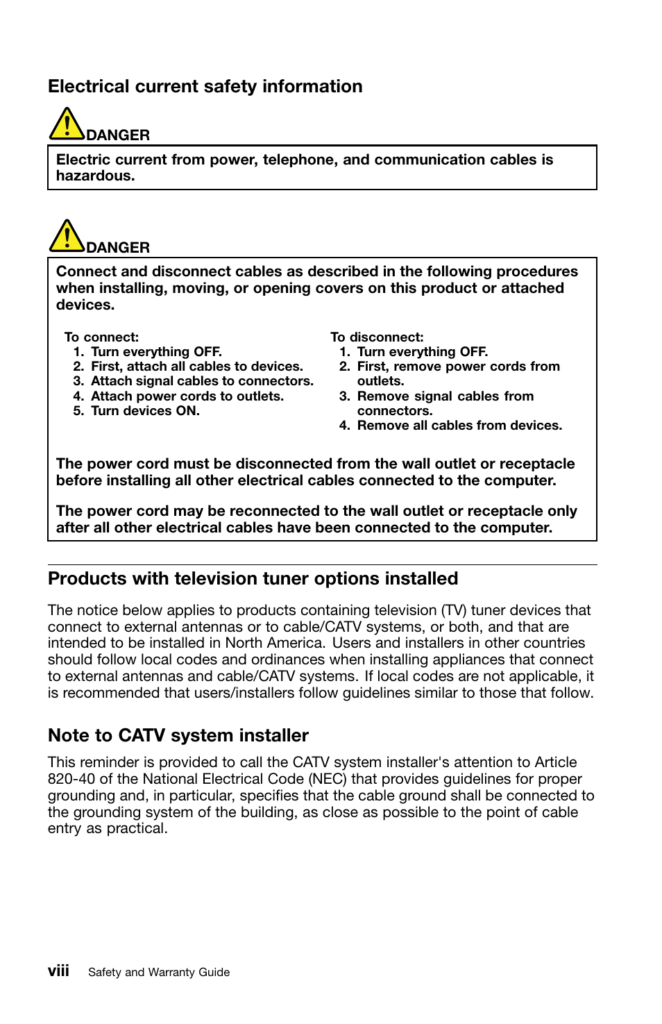 Electrical current safety information, Products with television tuner options installed, Note to catv system installer | Viii | Lenovo ThinkPad Edge E320 User Manual | Page 10 / 46