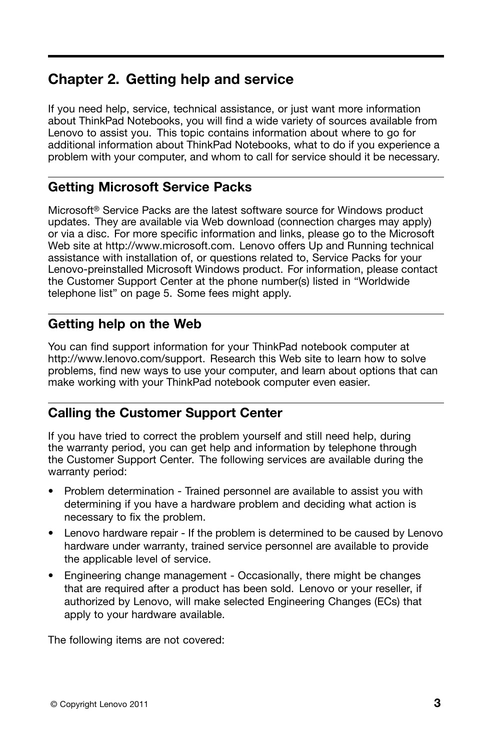 Chapter 2. getting help and service, Getting microsoft service packs, Getting help on the web | Calling the customer support center | Lenovo ThinkPad Edge E320 User Manual | Page 17 / 46