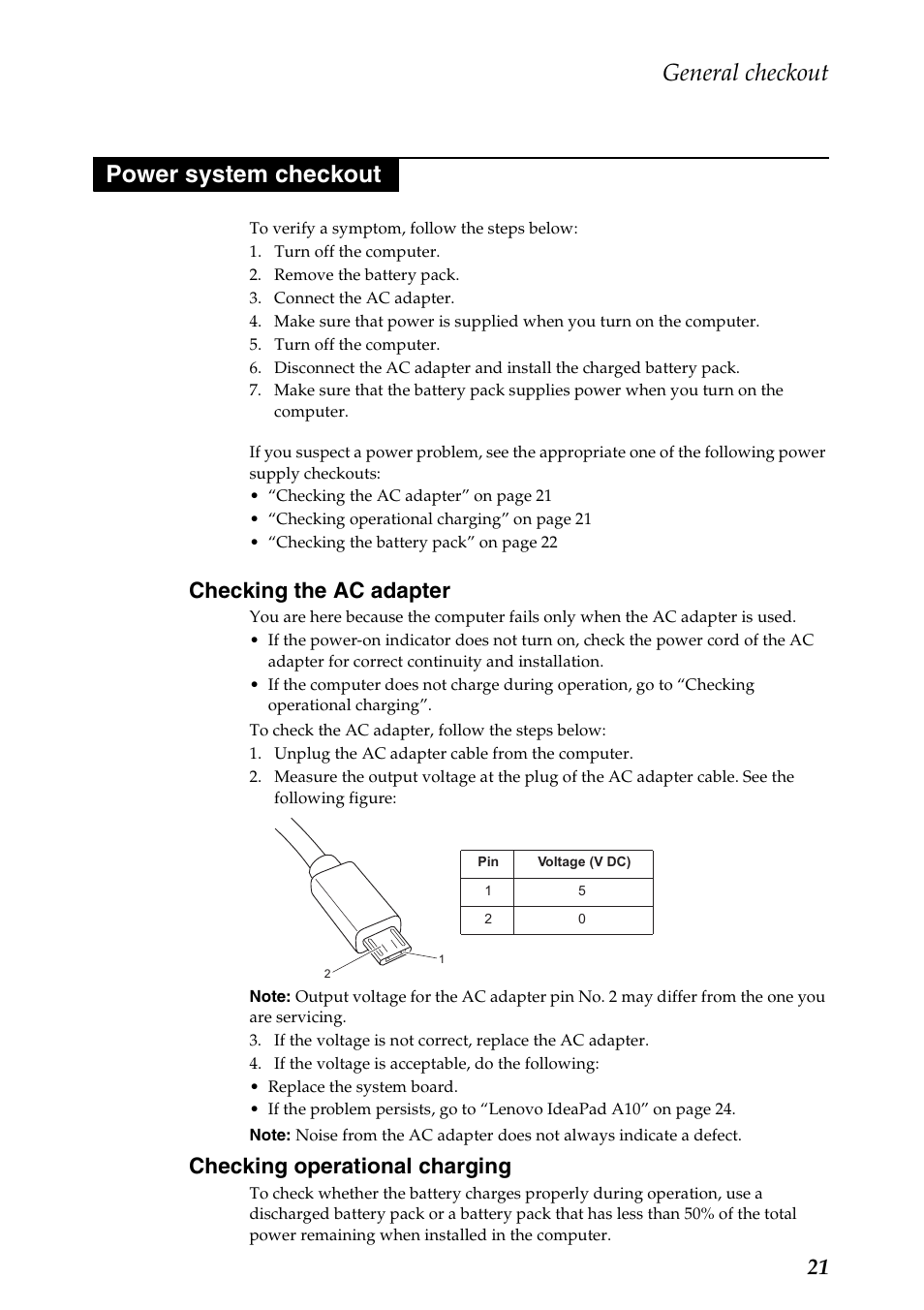 Power system checkout, Checking the ac adapter, Checking operational charging | General checkout | Lenovo A10 Lenovo User Manual | Page 25 / 66