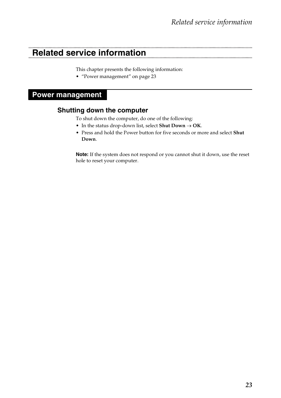 Related service information, Power management, Shutting down the computer | Related service information power management | Lenovo A10 Lenovo User Manual | Page 27 / 66