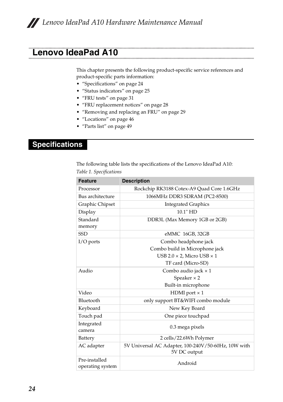 Lenovo ideapad a10, Specifications, Lenovo ideapad a10 specifications | Lenovo ideapad a10 hardware maintenance manual | Lenovo A10 Lenovo User Manual | Page 28 / 66