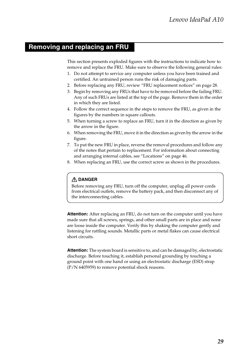 Removing and replacing an fru, Lenovo ideapad a10 | Lenovo A10 Lenovo User Manual | Page 33 / 66