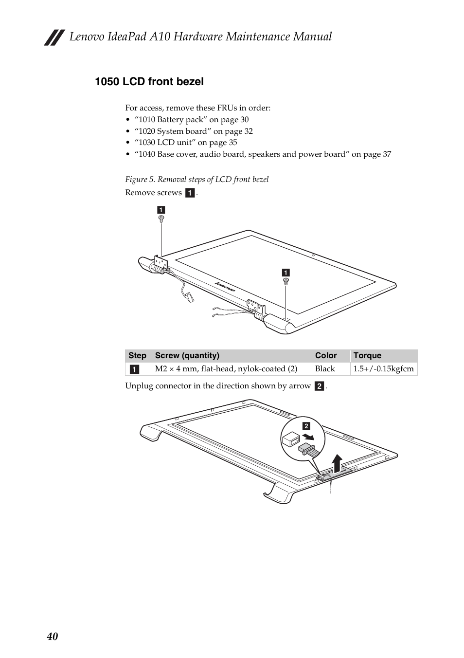 1050 lcd front bezel, Lenovo ideapad a10 hardware maintenance manual | Lenovo A10 Lenovo User Manual | Page 44 / 66