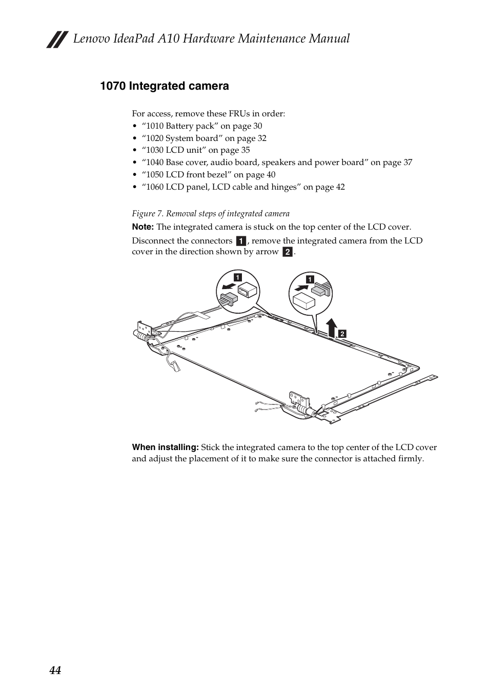 1070 integrated camera, Lenovo ideapad a10 hardware maintenance manual | Lenovo A10 Lenovo User Manual | Page 48 / 66