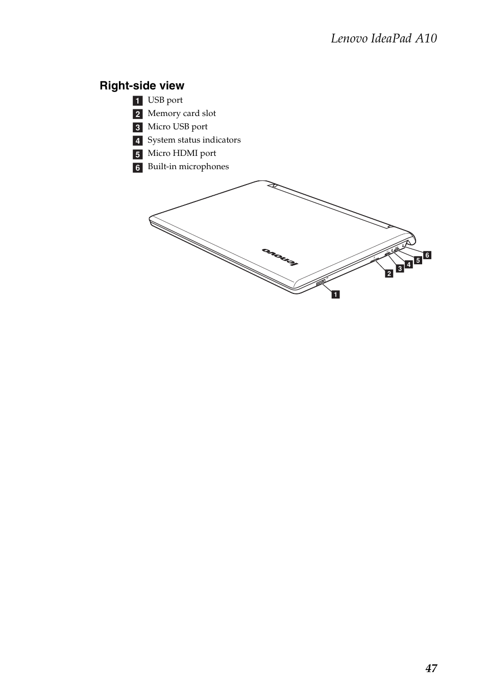 Right-side view, Lenovo ideapad a10, 47 right-side view | Lenovo A10 Lenovo User Manual | Page 51 / 66