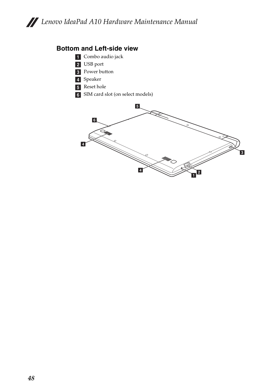 Bottom and left-side view, Lenovo ideapad a10 hardware maintenance manual, 48 bottom and left-side view | Lenovo A10 Lenovo User Manual | Page 52 / 66