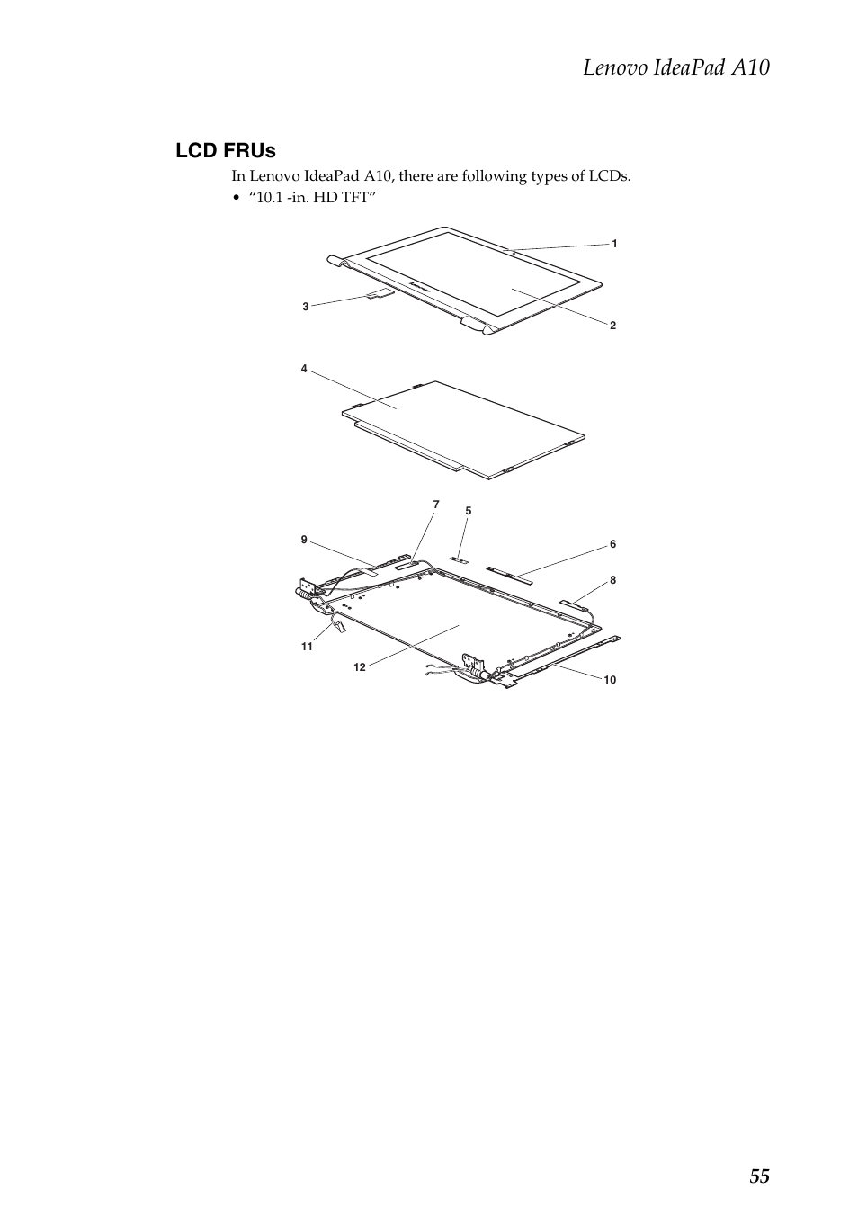 Lcd frus, Lenovo ideapad a10, 55 lcd frus | Lenovo A10 Lenovo User Manual | Page 59 / 66