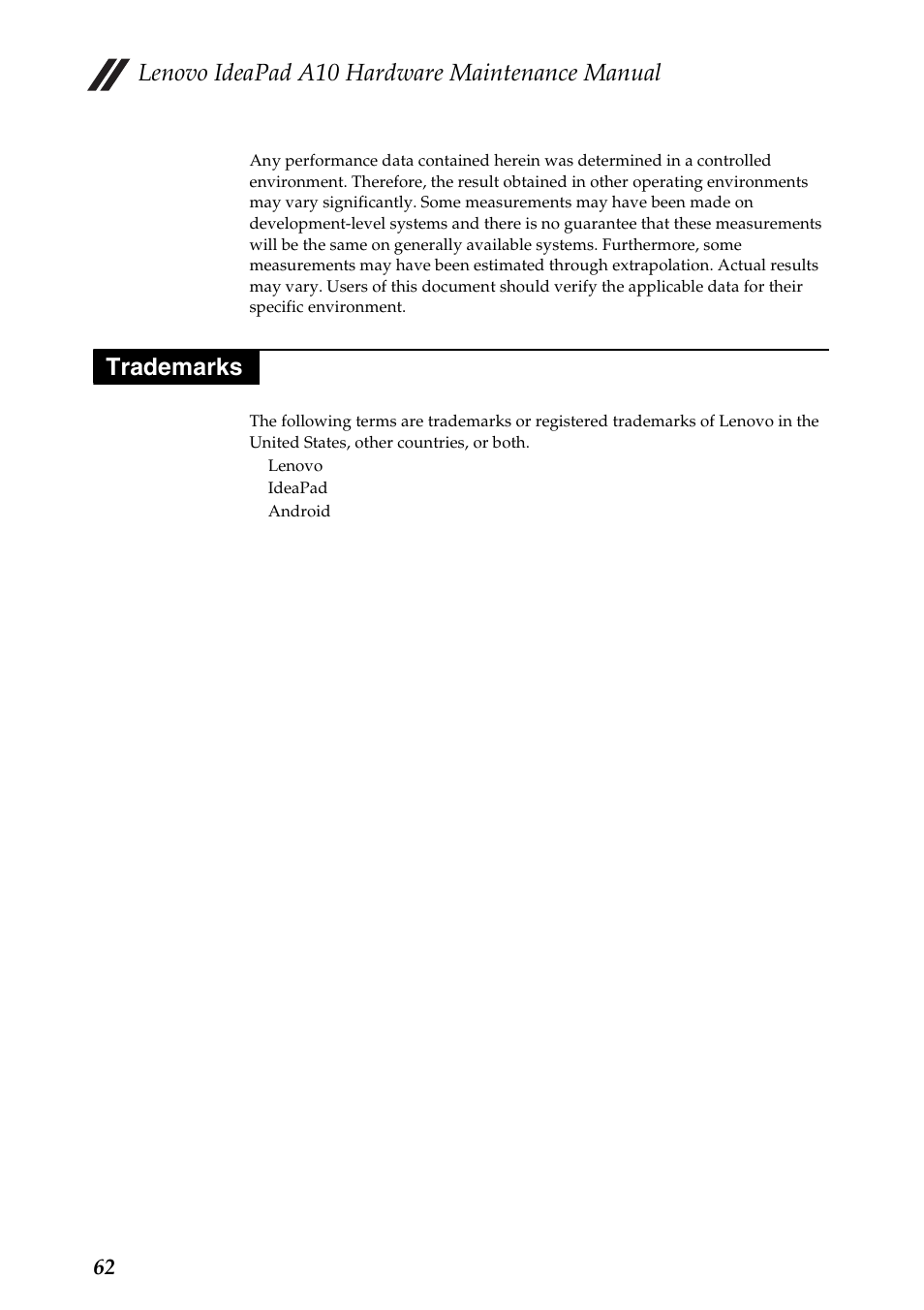 Trademarks, Lenovo ideapad a10 hardware maintenance manual | Lenovo A10 Lenovo User Manual | Page 66 / 66