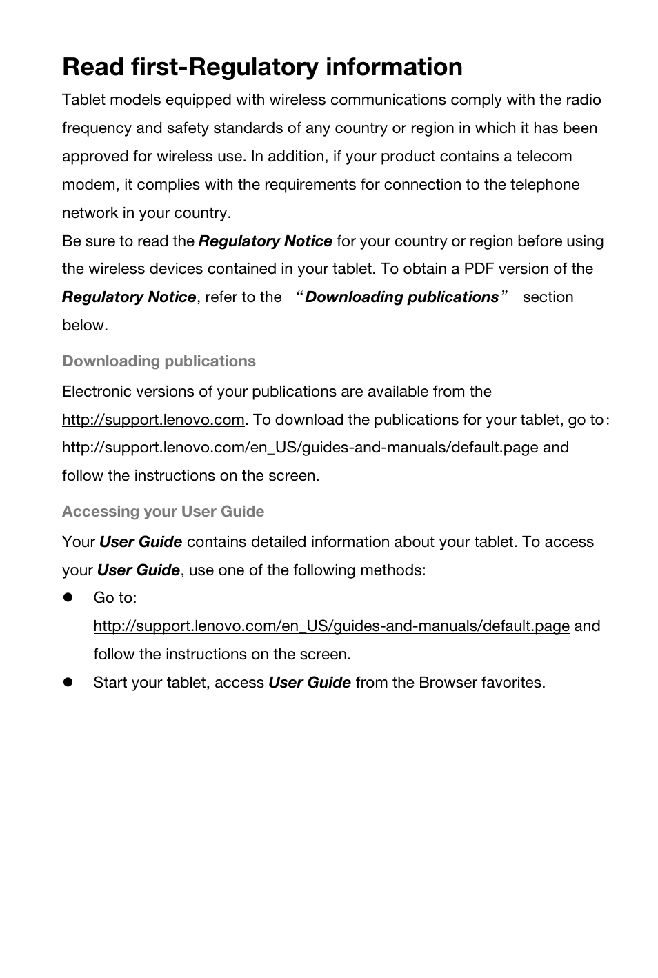 Read first-regulatory information | Lenovo S5000 Tablet User Manual | Page 2 / 24