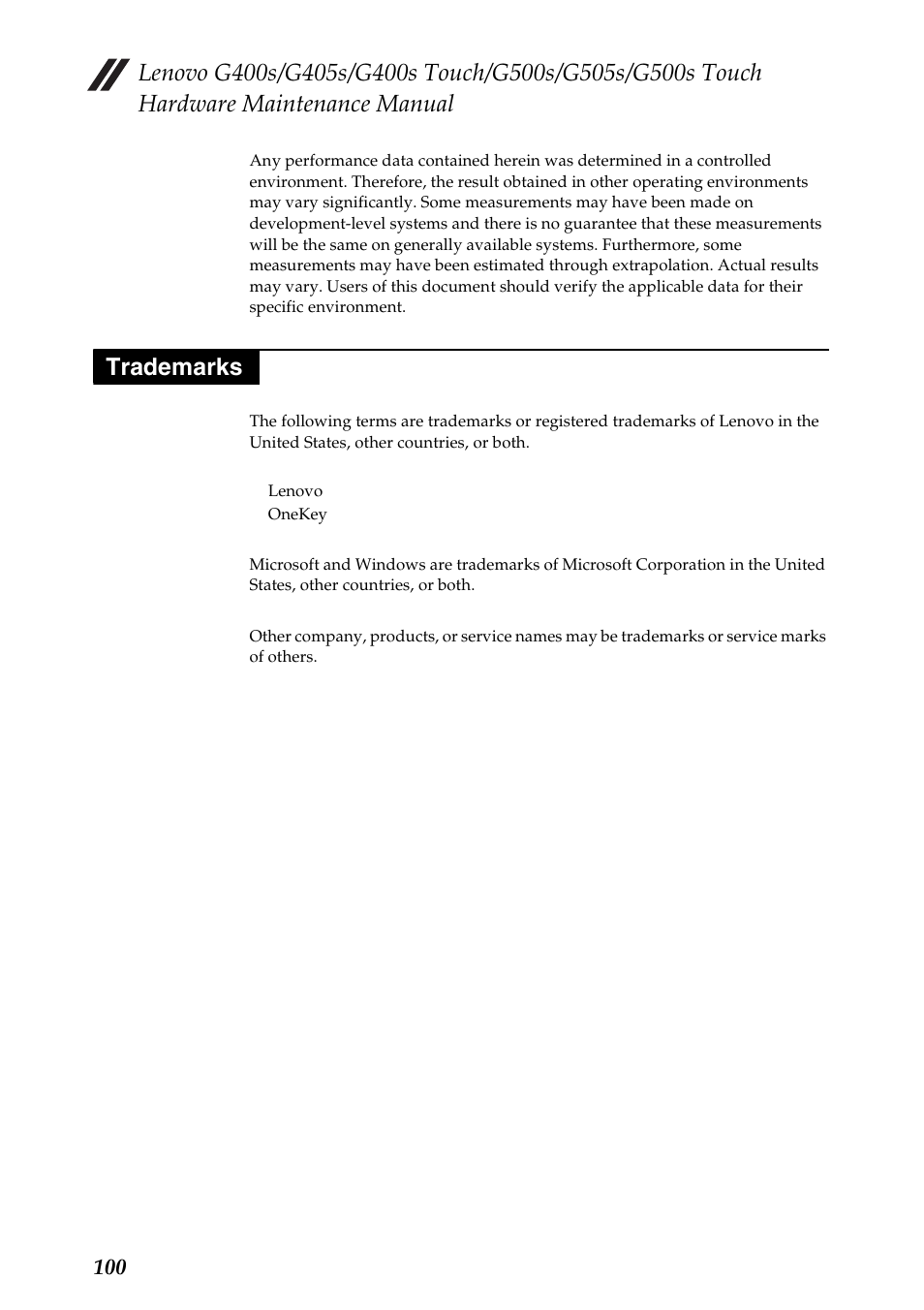 Trademarks | Lenovo G405s Notebook User Manual | Page 104 / 104