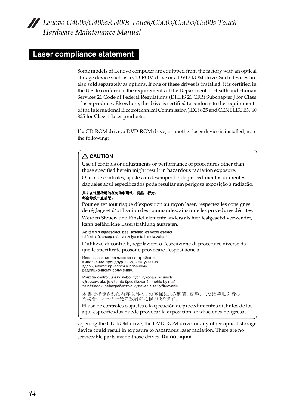 Laser compliance statement | Lenovo G405s Notebook User Manual | Page 18 / 104
