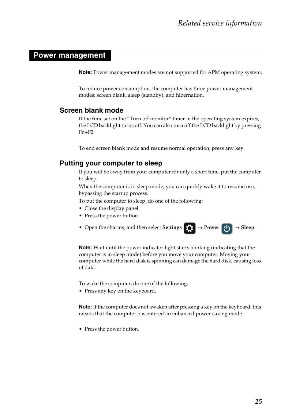 Power management, Screen blank mode, Putting your computer to sleep | Screen blank mode putting your computer to sleep, Related service information | Lenovo G405s Notebook User Manual | Page 29 / 104