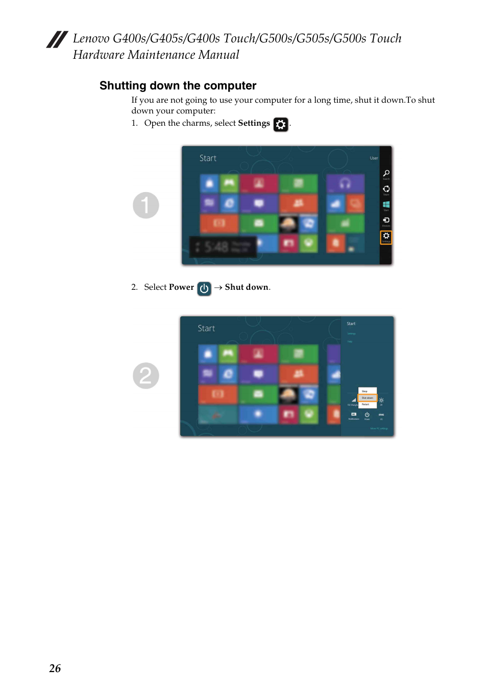 Shutting down the computer | Lenovo G405s Notebook User Manual | Page 30 / 104