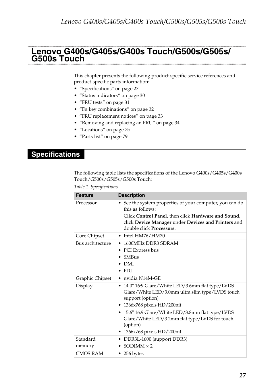 Specifications, Lenovo g400s/g405s/g400s touch/g500s | Lenovo G405s Notebook User Manual | Page 31 / 104